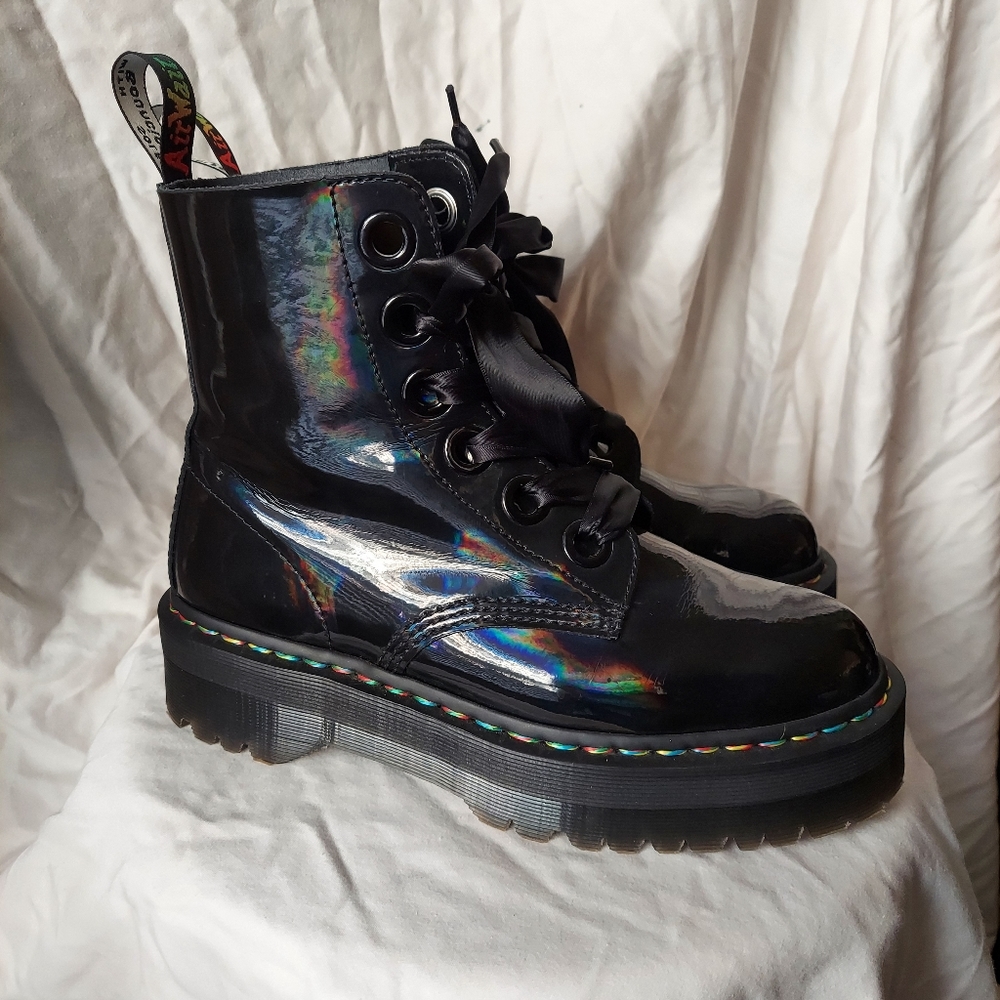 Dr. Martens Molly Rainbow Patent Leather Platform Boots